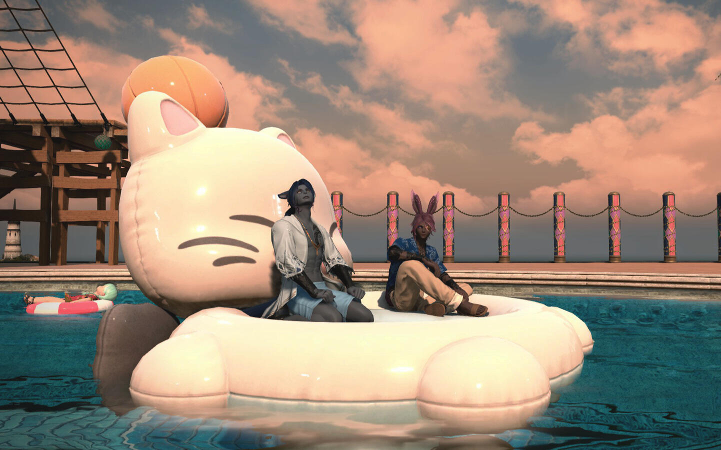 Two men sitting side-by-side on a bench in New Gridania. Marille, on the left, looks away from the camera in a thinking pose. K'oha is looking at the photographer.